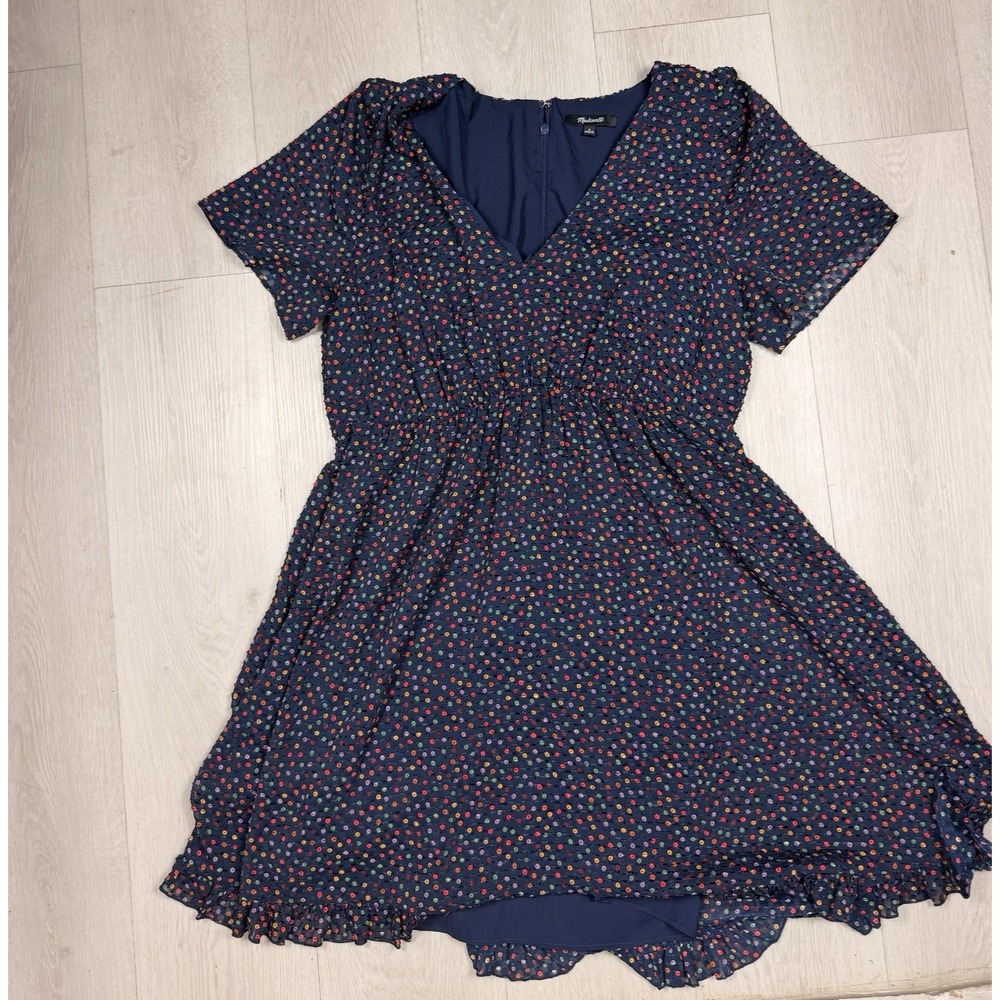 Madewell Womens 8 Sugar Dot Navy Mini Dress Multicolor Ruffle Hem AF248